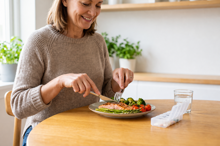 Woman eating grilled salmon and veggies with weekly pill organizer, illustrating a GLP-1 phase lifestyle