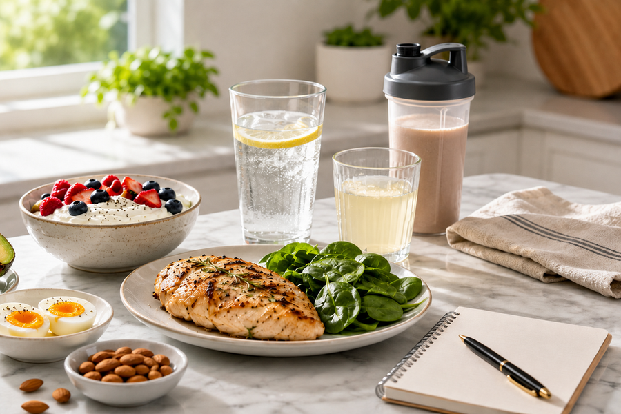Protein-rich meal with grilled chicken and spinach beside water, a protein shake, yogurt with berries, and an open health journal on a kitchen counter