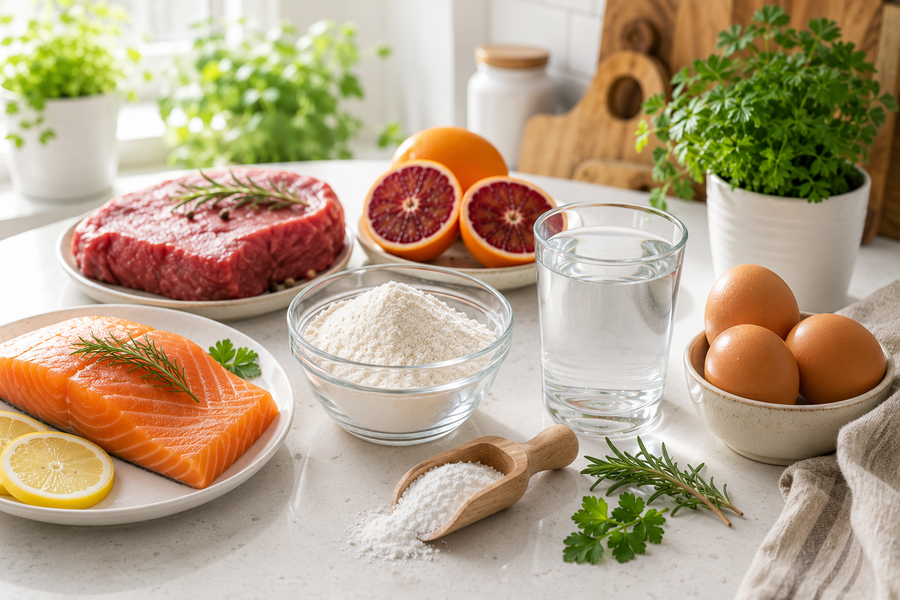 Creatine powder with salmon, lean beef, eggs, citrus, fresh herbs, and water on a bright white kitchen countertop, illustrating the connection between creatine, nutrition, and immune health.