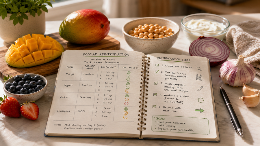 Healthy low FODMAP foods surrounding a reintroduction journal with symptom tracking and step-by-step food testing notes on a bright kitchen countertop.