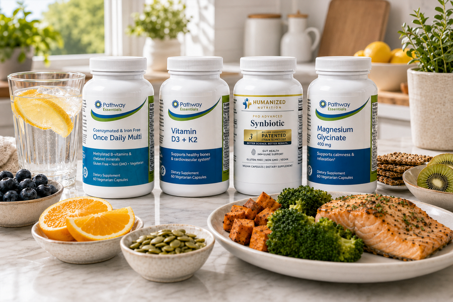 Core 4 supplements—multivitamin, D3+K2, synbiotic, magnesium glycinate—with salmon, broccoli, and fruit for GLP-1 support