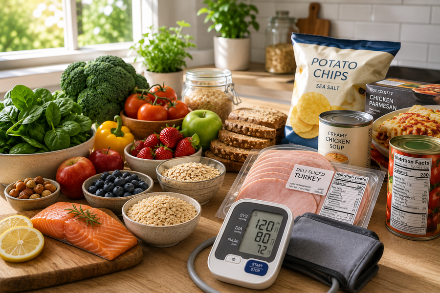 Fresh whole foods and processed foods displayed side by side on a kitchen countertop with a blood pressure monitor, illustrating the relationship between food choices, preservatives, and high blood pressure.