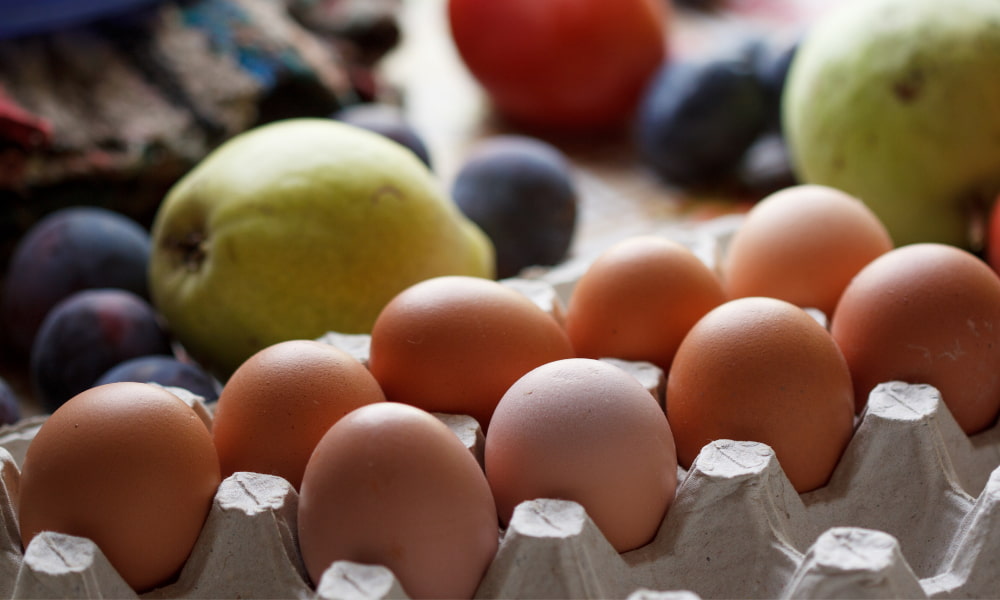 a carton of eggs and some fruit