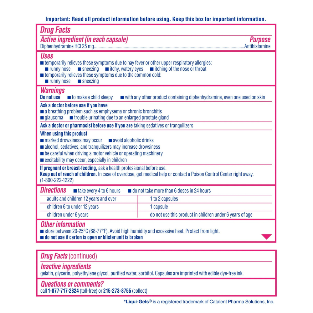 BENADRYL Allergy Antihistamine Dye-Free LIQUI-GELS with Diphenhydramine HCl 25 mg