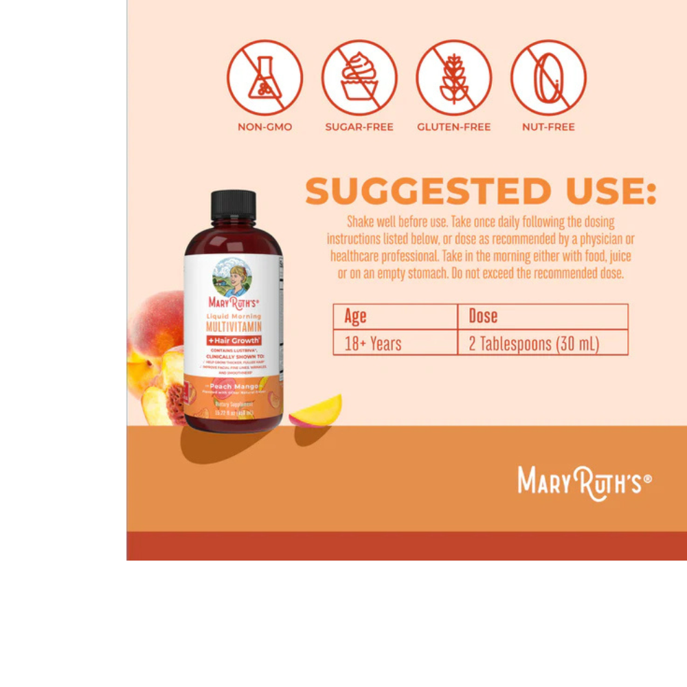 MULTIVITAMÍNICO LÍQUIDO MAÑANERO + CRECIMIENTO DEL CABELLO MELOCOTÓN MANGO
